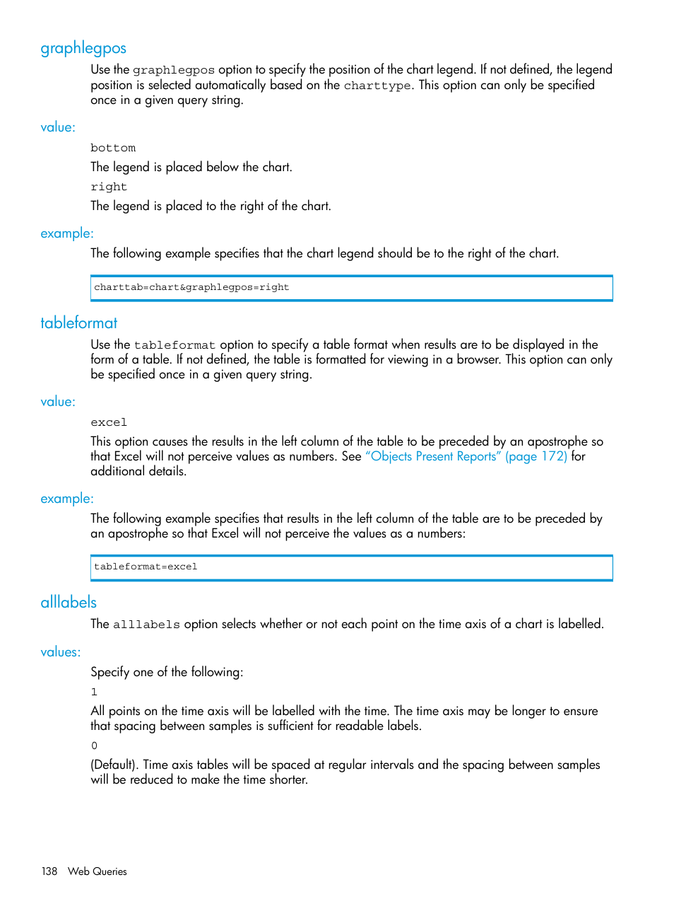 Graphlegpos, Value, Example | Tableformat, Alllabels, Values, Value: example | HP 3PAR System Reporter Software User Manual | Page 138 / 239