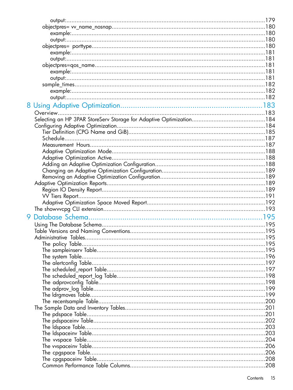 8 using adaptive optimization, 9 database schema | HP 3PAR System Reporter Software User Manual | Page 15 / 239