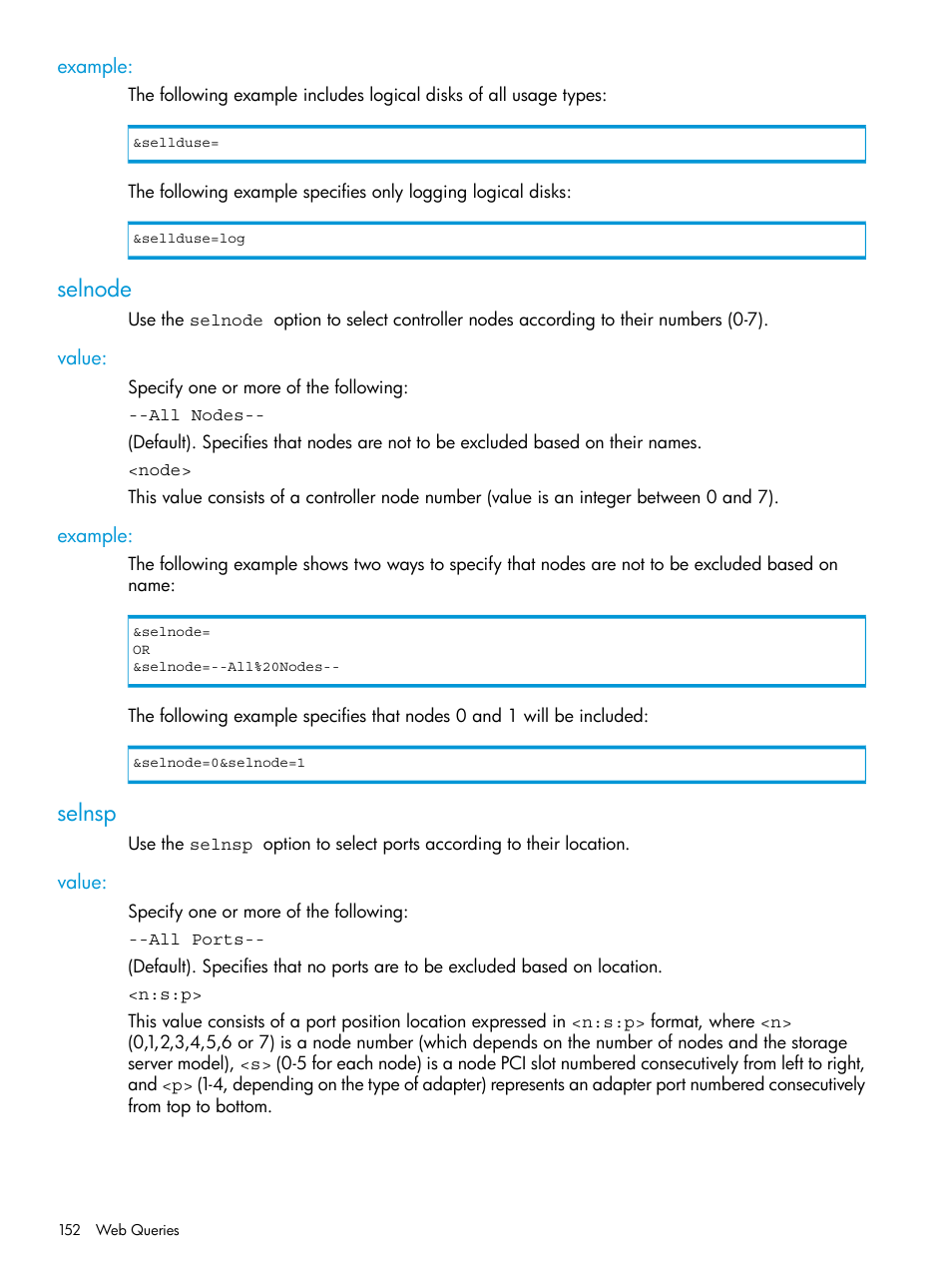 Example, Selnode, Value | Selnsp, Value: example | HP 3PAR System Reporter Software User Manual | Page 152 / 239