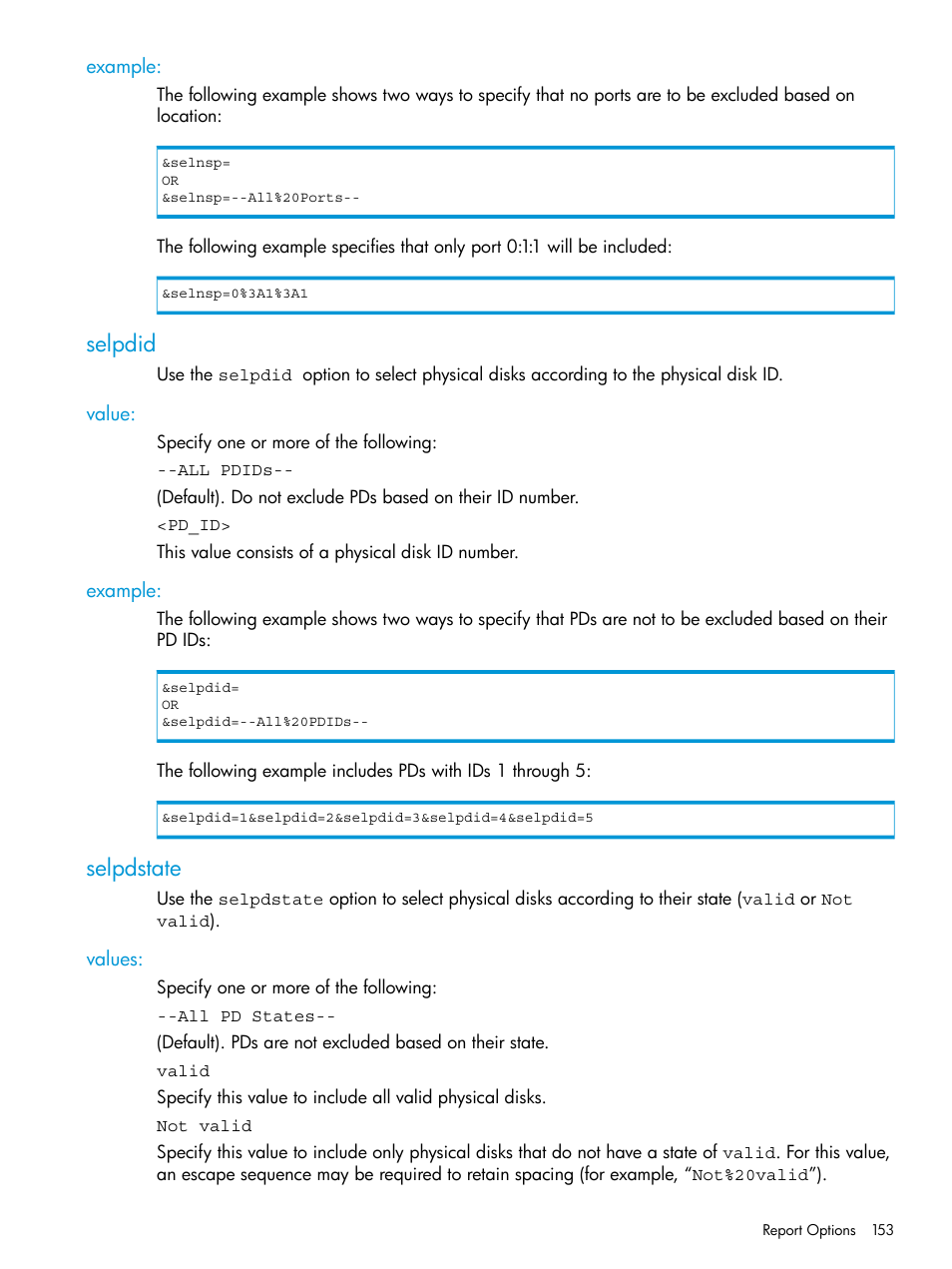 Example, Selpdid, Value | Selpdstate, Values, Value: example | HP 3PAR System Reporter Software User Manual | Page 153 / 239