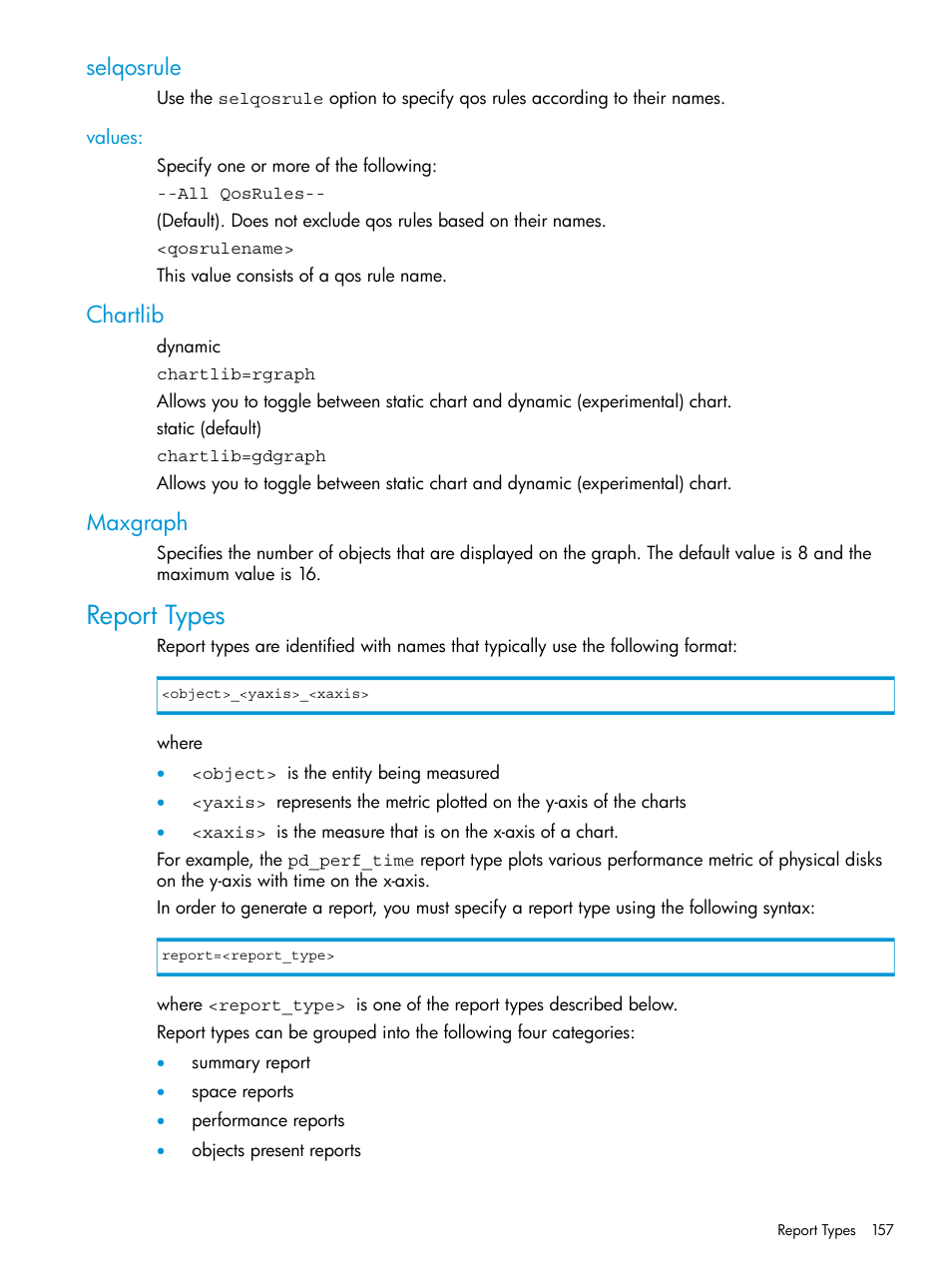 Selqosrule, Values, Chartlib | Maxgraph, Report types, Chartlib maxgraph | HP 3PAR System Reporter Software User Manual | Page 157 / 239