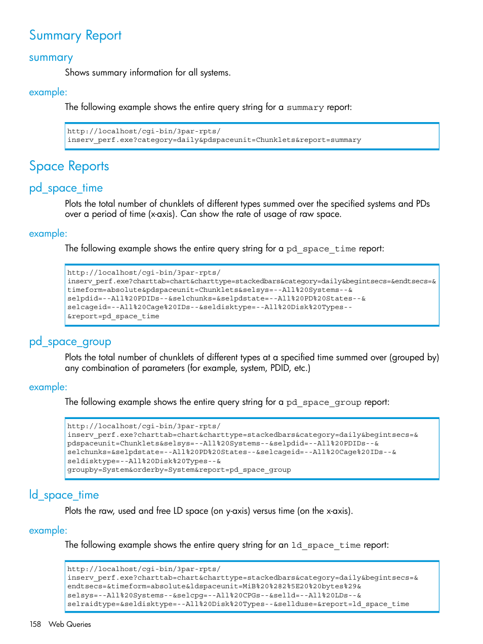 Summary report, Summary, Example | Space reports, Pd_space_time, Pd_space_group, Ld_space_time | HP 3PAR System Reporter Software User Manual | Page 158 / 239