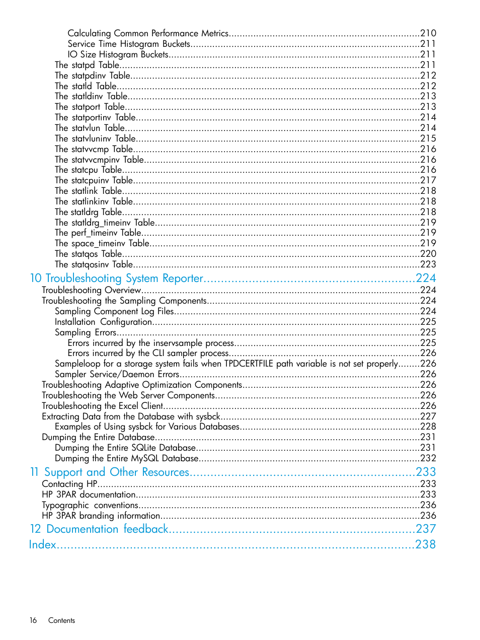 10 troubleshooting system reporter, 11 support and other resources, 12 documentation feedback index | HP 3PAR System Reporter Software User Manual | Page 16 / 239