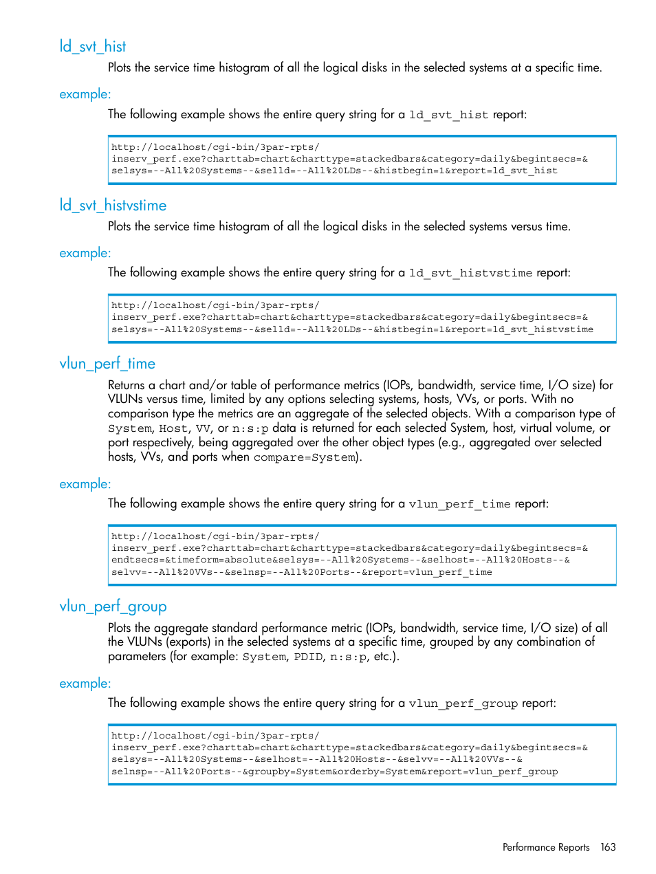 Ld_svt_hist, Example, Ld_svt_histvstime | Vlun_perf_time, Vlun_perf_group | HP 3PAR System Reporter Software User Manual | Page 163 / 239