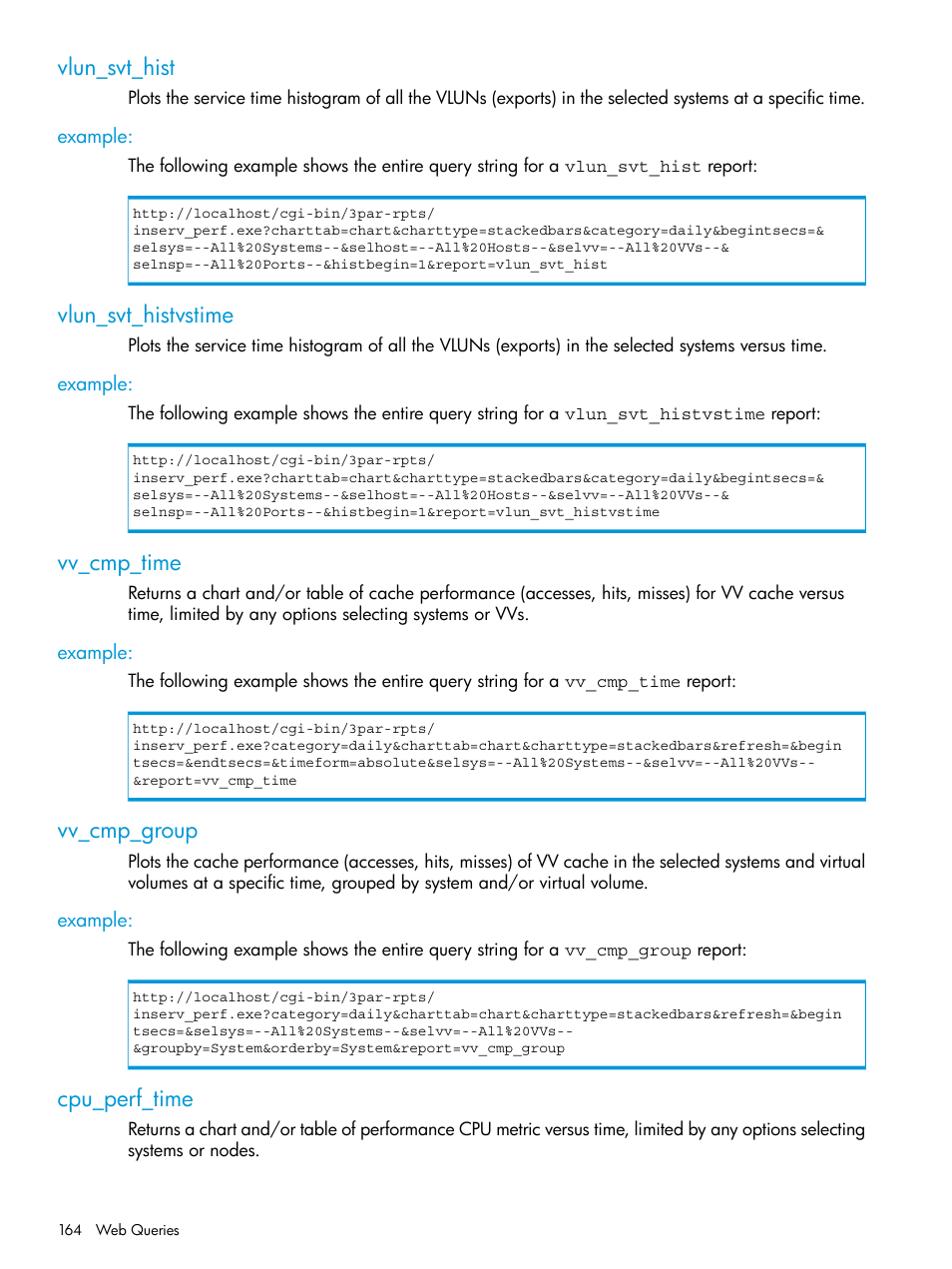 Vlun_svt_hist, Example, Vlun_svt_histvstime | Vv_cmp_time, Vv_cmp_group, Cpu_perf_time | HP 3PAR System Reporter Software User Manual | Page 164 / 239