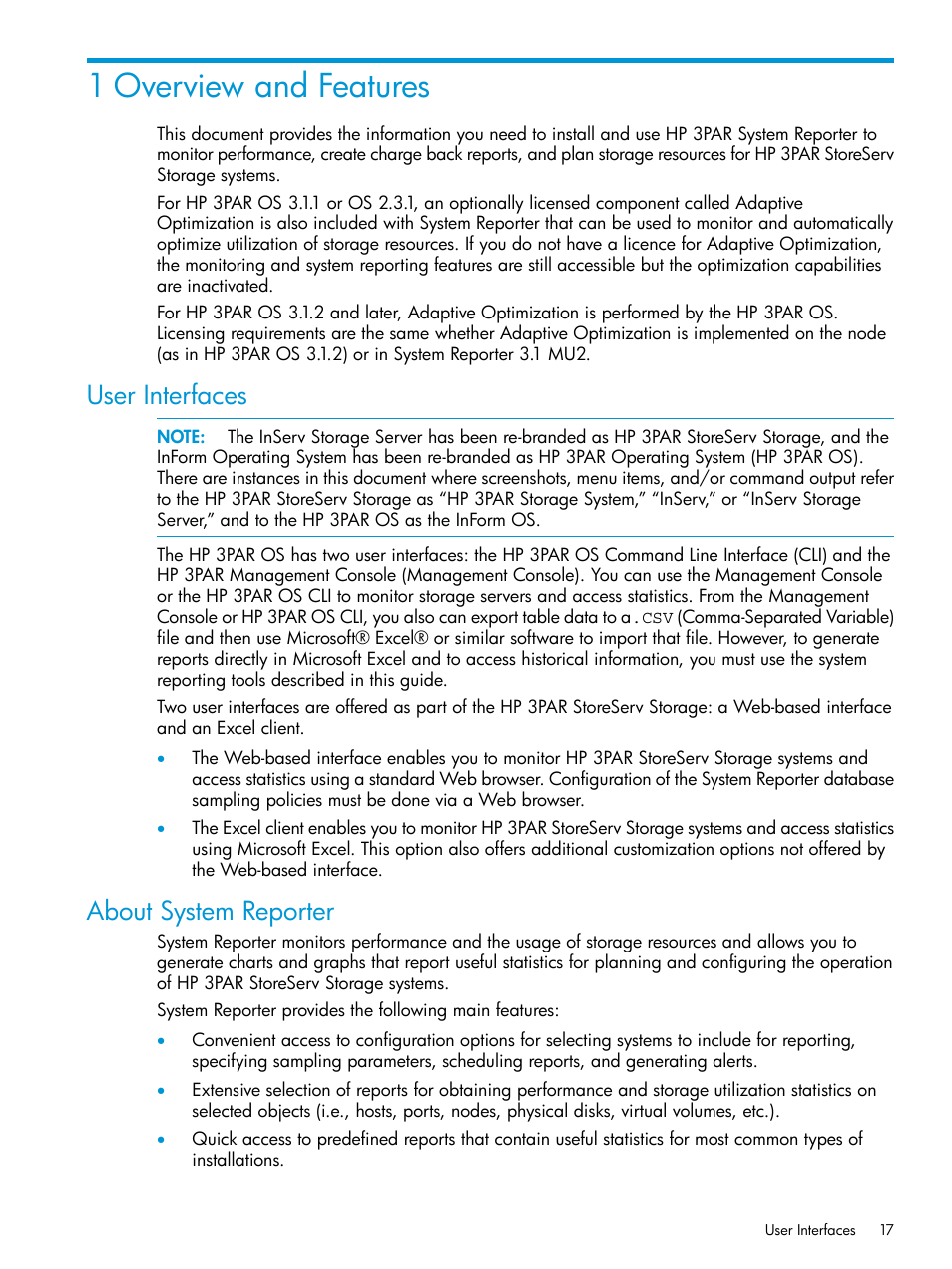 1 overview and features, User interfaces, About system reporter | User interfaces about system reporter | HP 3PAR System Reporter Software User Manual | Page 17 / 239