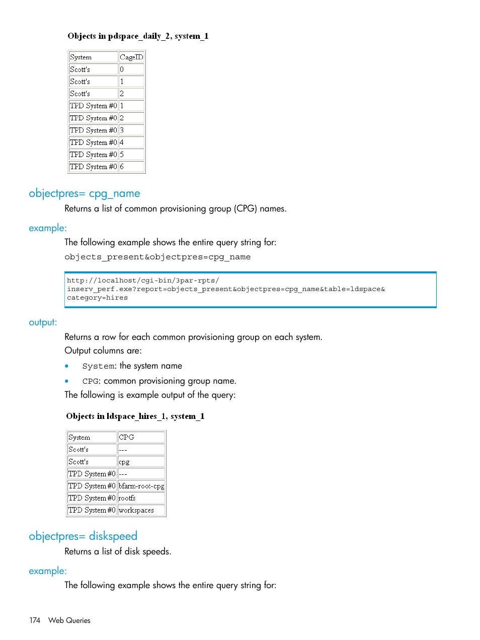 Objectpres= cpg_name, Example, Output | Objectpres= diskspeed, Example: output, Objectpres | HP 3PAR System Reporter Software User Manual | Page 174 / 239