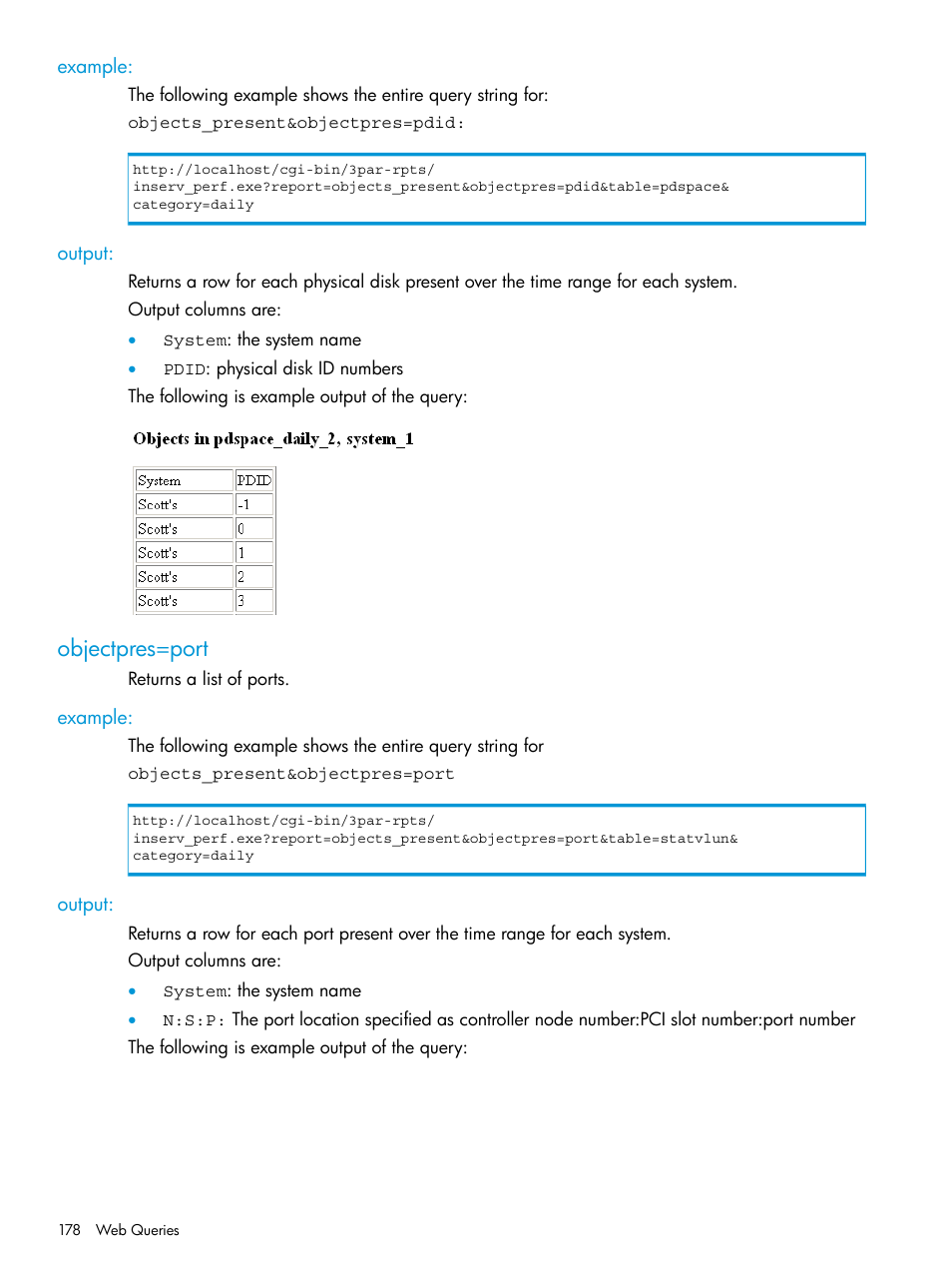 Example, Output, Objectpres=port | Example: output, Objects_present | HP 3PAR System Reporter Software User Manual | Page 178 / 239