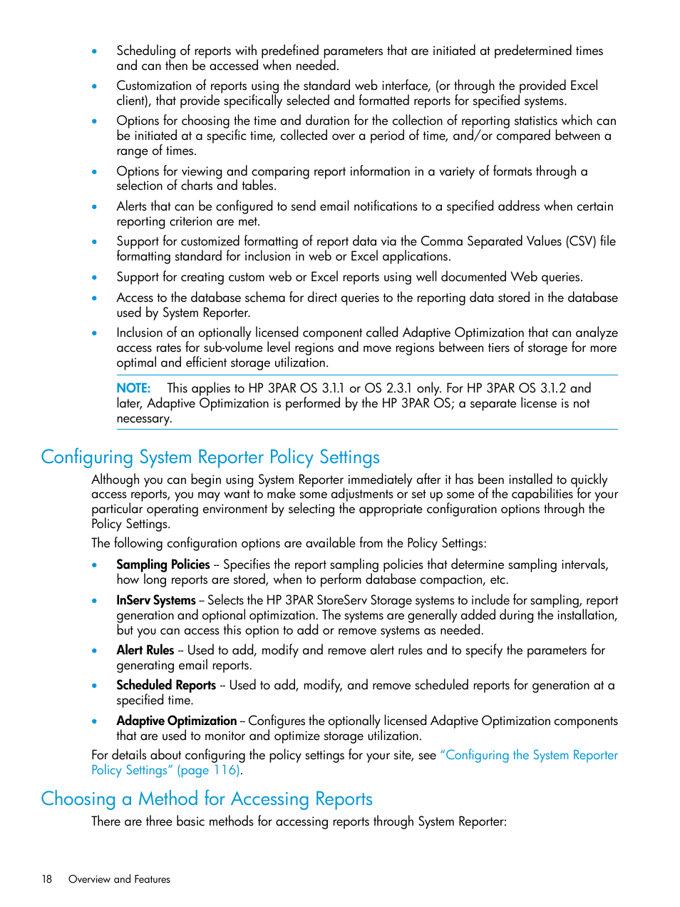 Configuring system reporter policy settings, Choosing a method for accessing reports | HP 3PAR System Reporter Software User Manual | Page 18 / 239