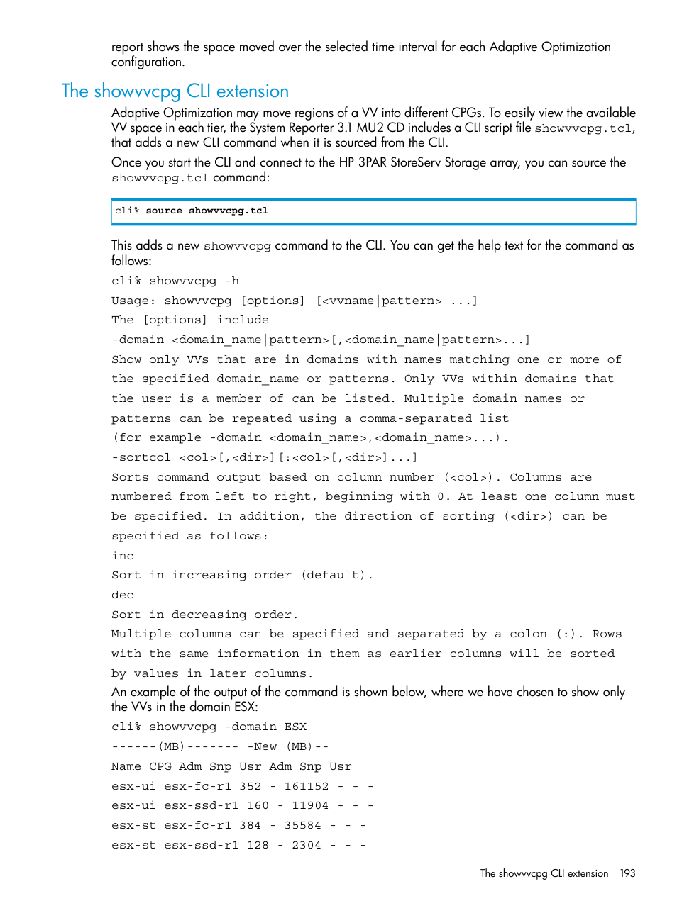 The showvvcpg cli extension | HP 3PAR System Reporter Software User Manual | Page 193 / 239