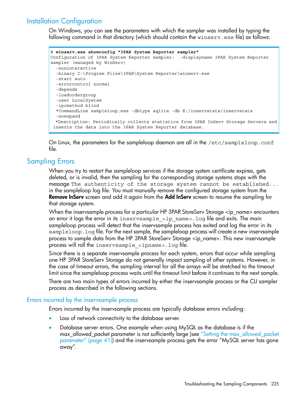 Installation configuration, Sampling errors, Errors incurred by the inservsample process | Installation configuration sampling errors | HP 3PAR System Reporter Software User Manual | Page 225 / 239