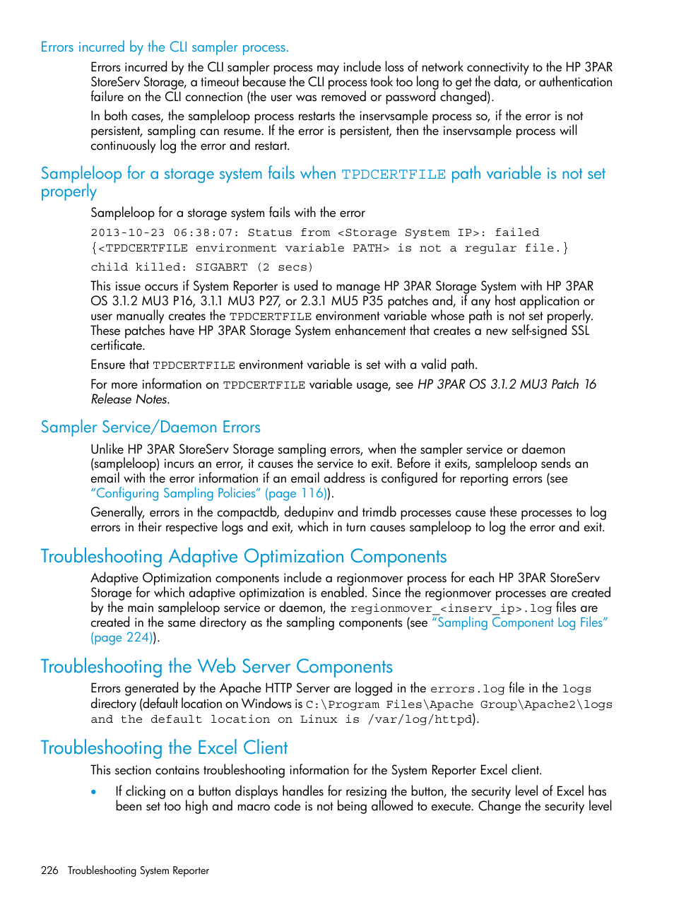 Errors incurred by the cli sampler process, Sampler service/daemon errors, Troubleshooting adaptive optimization components | Troubleshooting the web server components, Troubleshooting the excel client, Troubleshooting | HP 3PAR System Reporter Software User Manual | Page 226 / 239