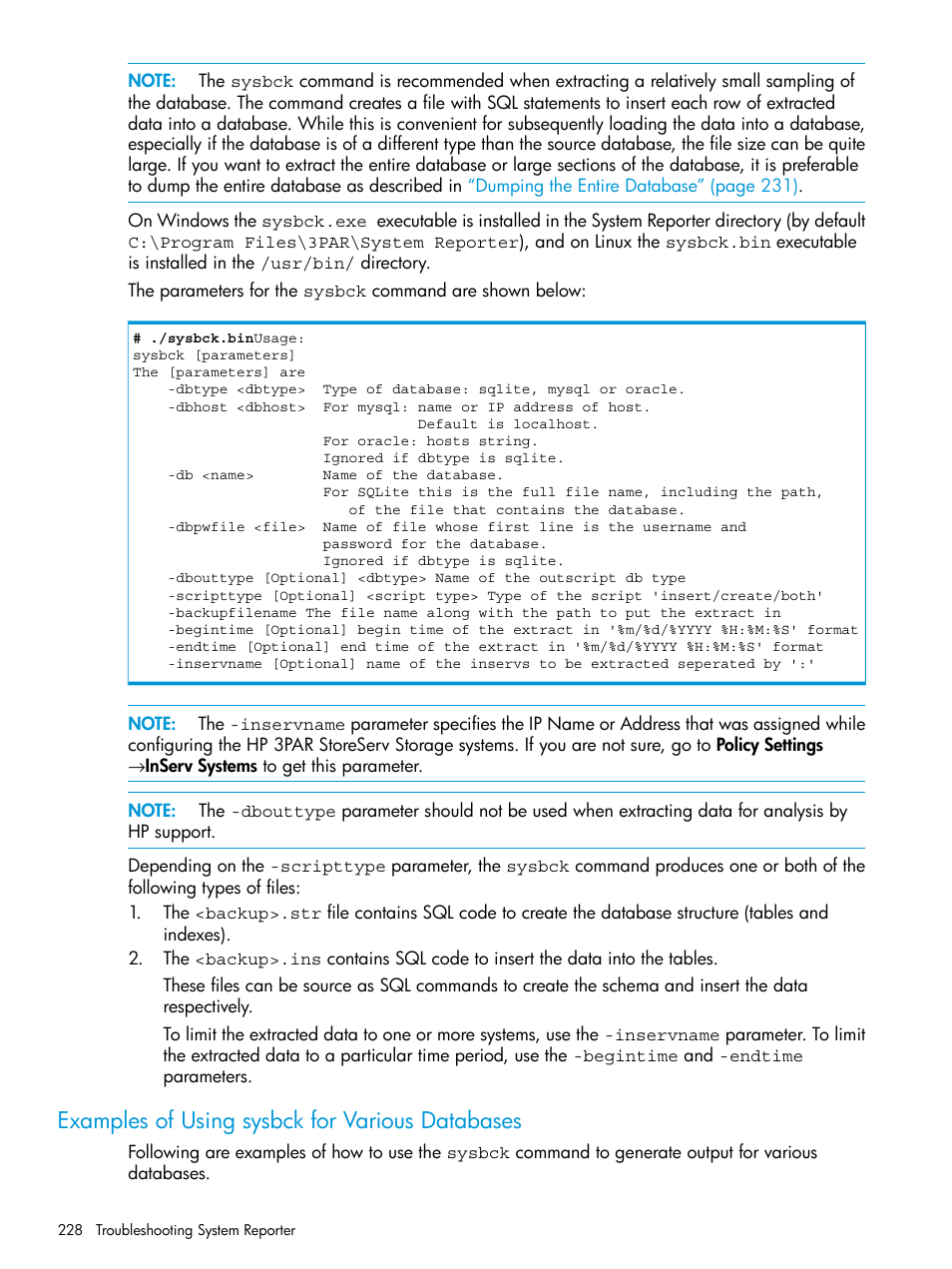 Examples of using sysbck for various databases | HP 3PAR System Reporter Software User Manual | Page 228 / 239