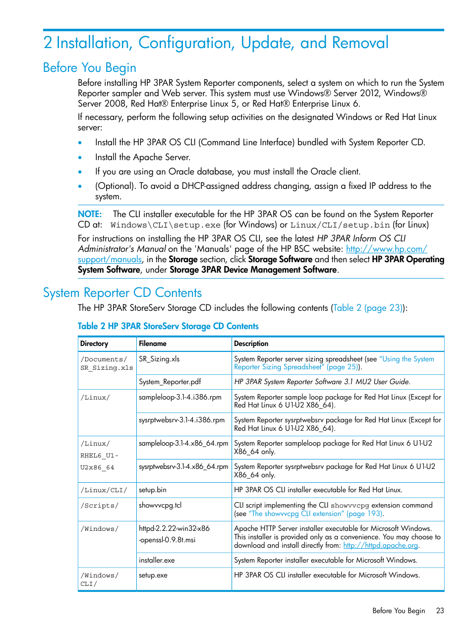 2 installation, configuration, update, and removal, Before you begin, System reporter cd contents | Before you begin system reporter cd contents | HP 3PAR System Reporter Software User Manual | Page 23 / 239