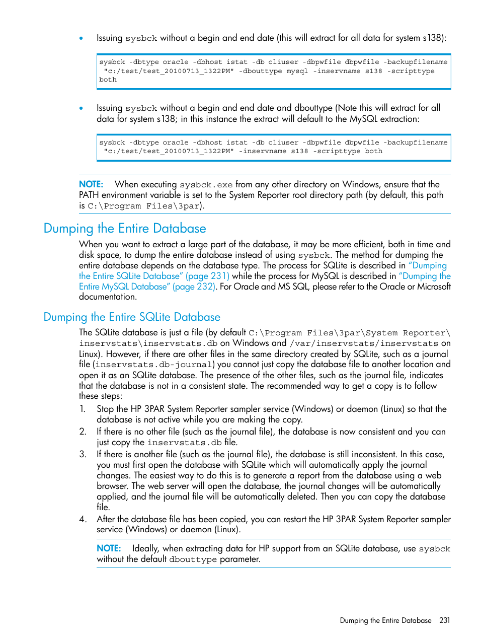 Dumping the entire database, Dumping the entire sqlite database | HP 3PAR System Reporter Software User Manual | Page 231 / 239
