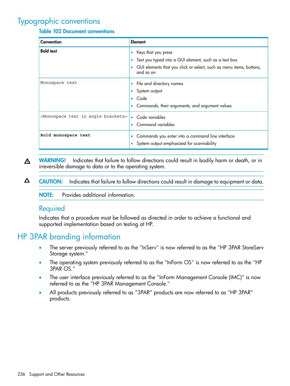 Typographic conventions, Hp 3par branding information, Required | HP 3PAR System Reporter Software User Manual | Page 236 / 239