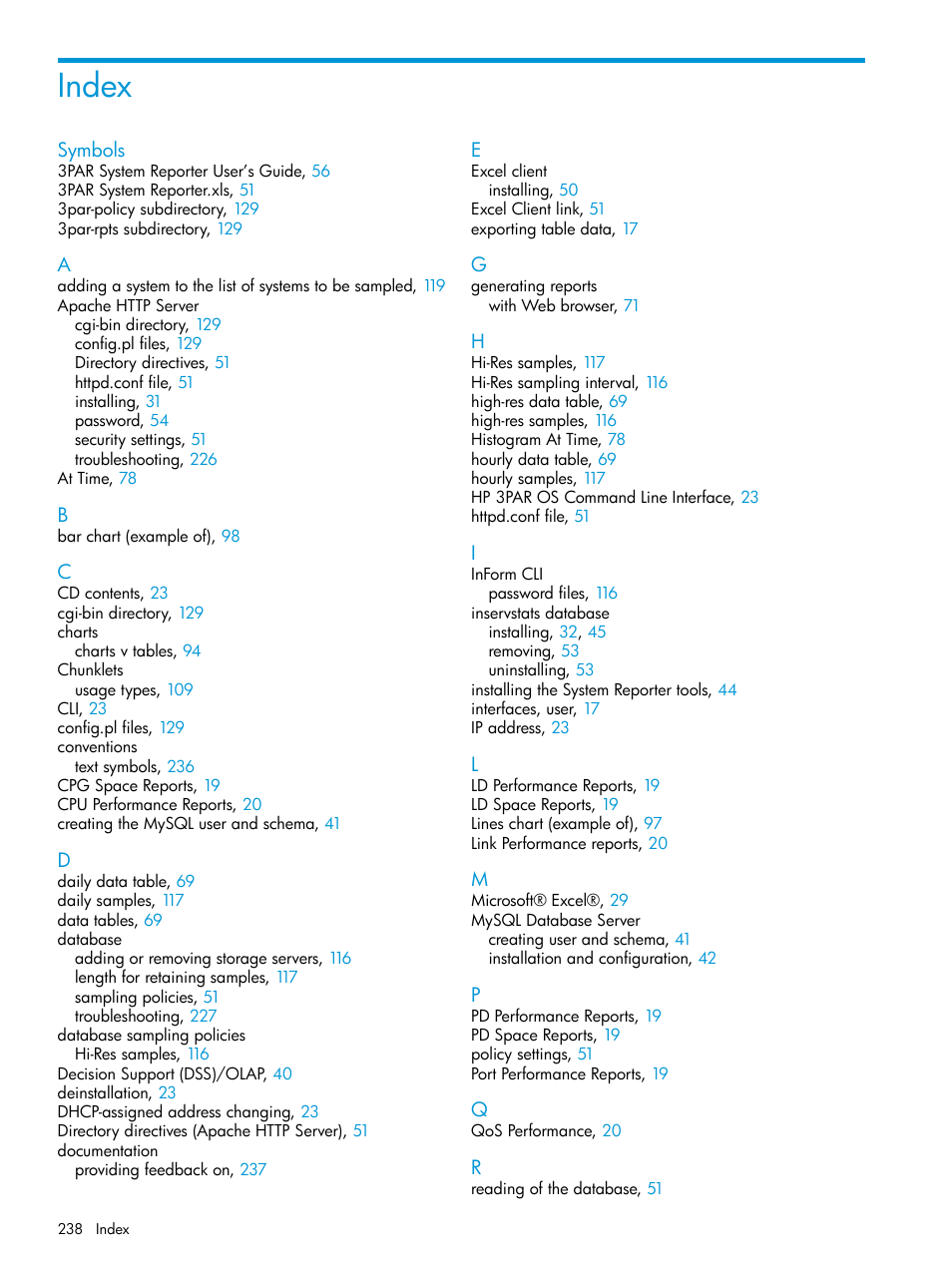 Index | HP 3PAR System Reporter Software User Manual | Page 238 / 239