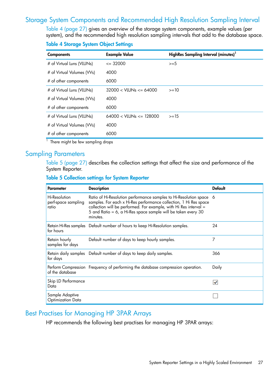 Sampling parameters, Best practises for managing hp 3par arrays | HP 3PAR System Reporter Software User Manual | Page 27 / 239