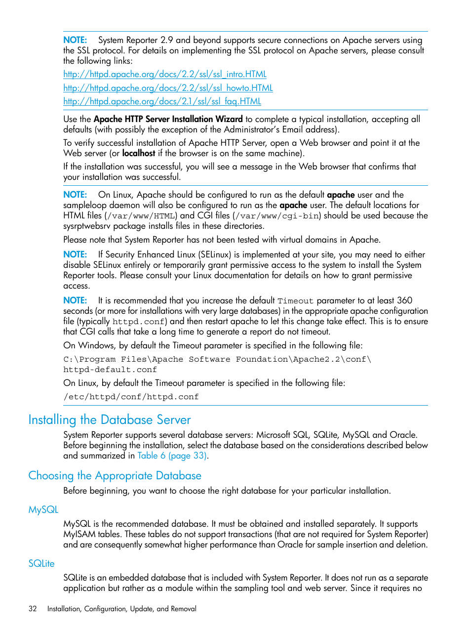 Installing the database server, Choosing the appropriate database, Mysql | Sqlite, Mysql sqlite | HP 3PAR System Reporter Software User Manual | Page 32 / 239