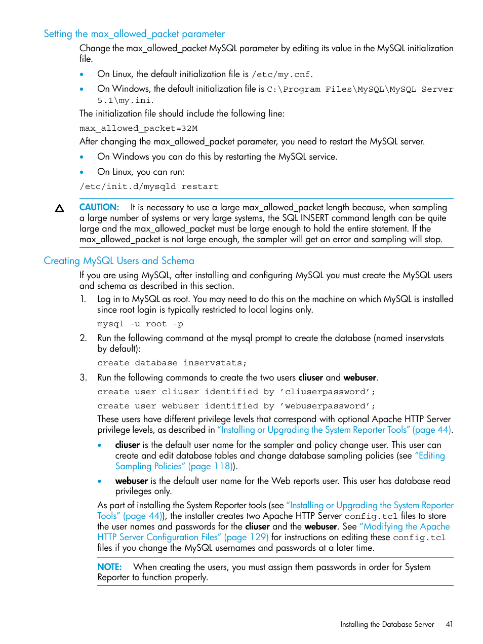 Setting the max_allowed_packet parameter, Creating mysql users and schema | HP 3PAR System Reporter Software User Manual | Page 41 / 239