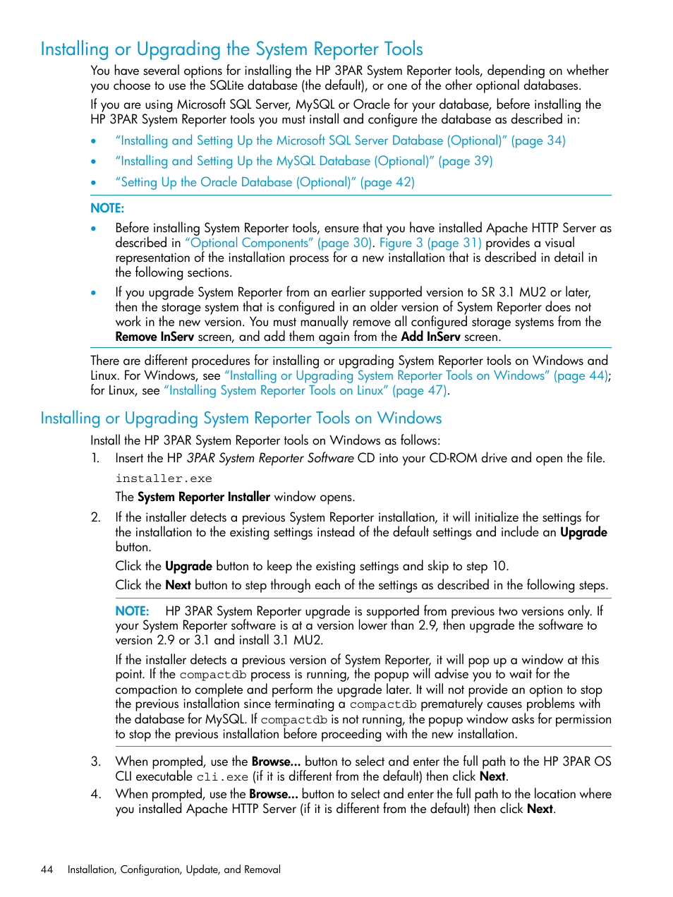 Installing or upgrading the system reporter tools, Installing or, Installing or upgrading system | Installing or upgrading the system reporter | HP 3PAR System Reporter Software User Manual | Page 44 / 239