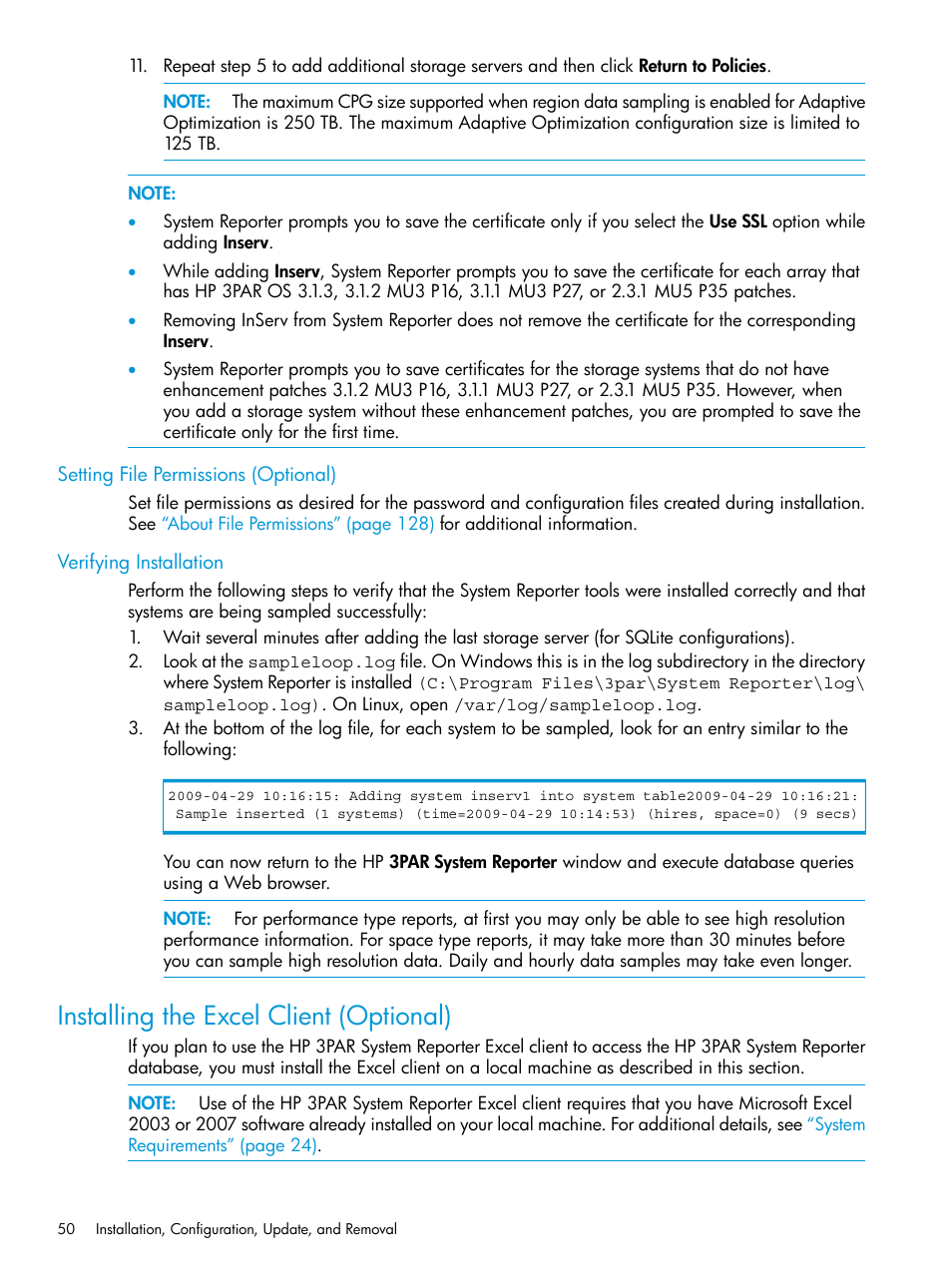 Setting file permissions (optional), Verifying installation, Installing the excel client (optional) | Setting file | HP 3PAR System Reporter Software User Manual | Page 50 / 239