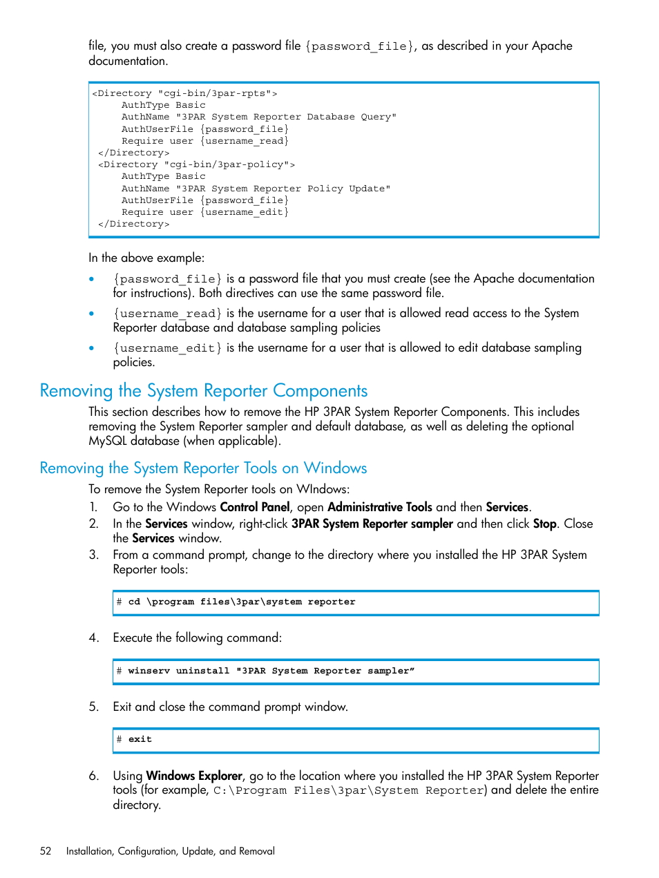 Removing the system reporter components, Removing the system reporter tools on windows | HP 3PAR System Reporter Software User Manual | Page 52 / 239