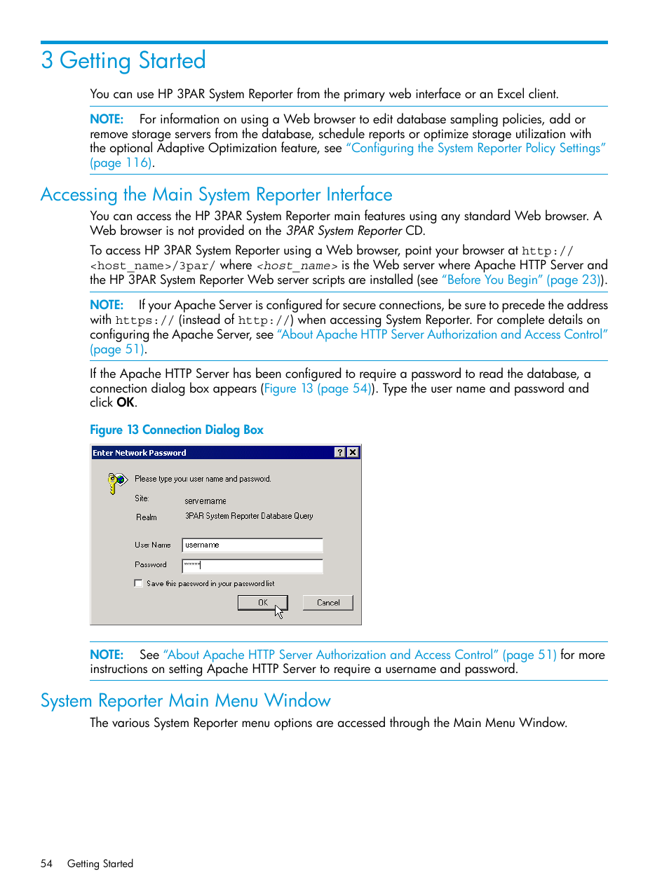 3 getting started, Accessing the main system reporter interface, System reporter main menu window | HP 3PAR System Reporter Software User Manual | Page 54 / 239