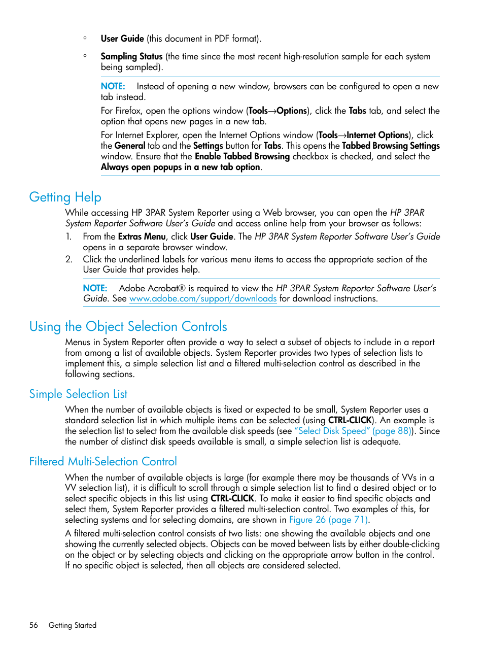 Getting help, Using the object selection controls, Simple selection list | Filtered multi-selection control, Getting help using the object selection controls | HP 3PAR System Reporter Software User Manual | Page 56 / 239