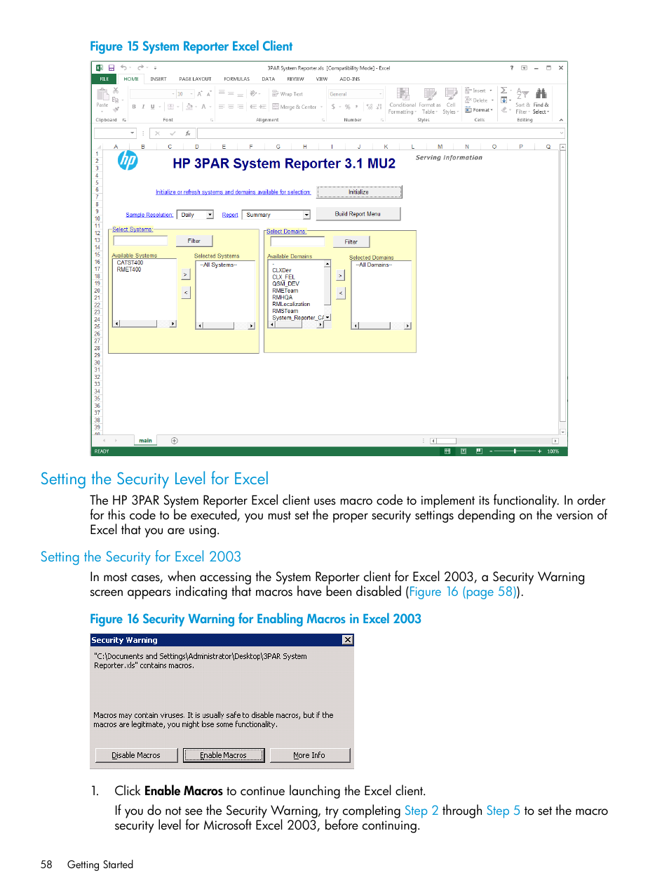 Setting the security level for excel, Setting the security for excel 2003, System reporter excel | HP 3PAR System Reporter Software User Manual | Page 58 / 239
