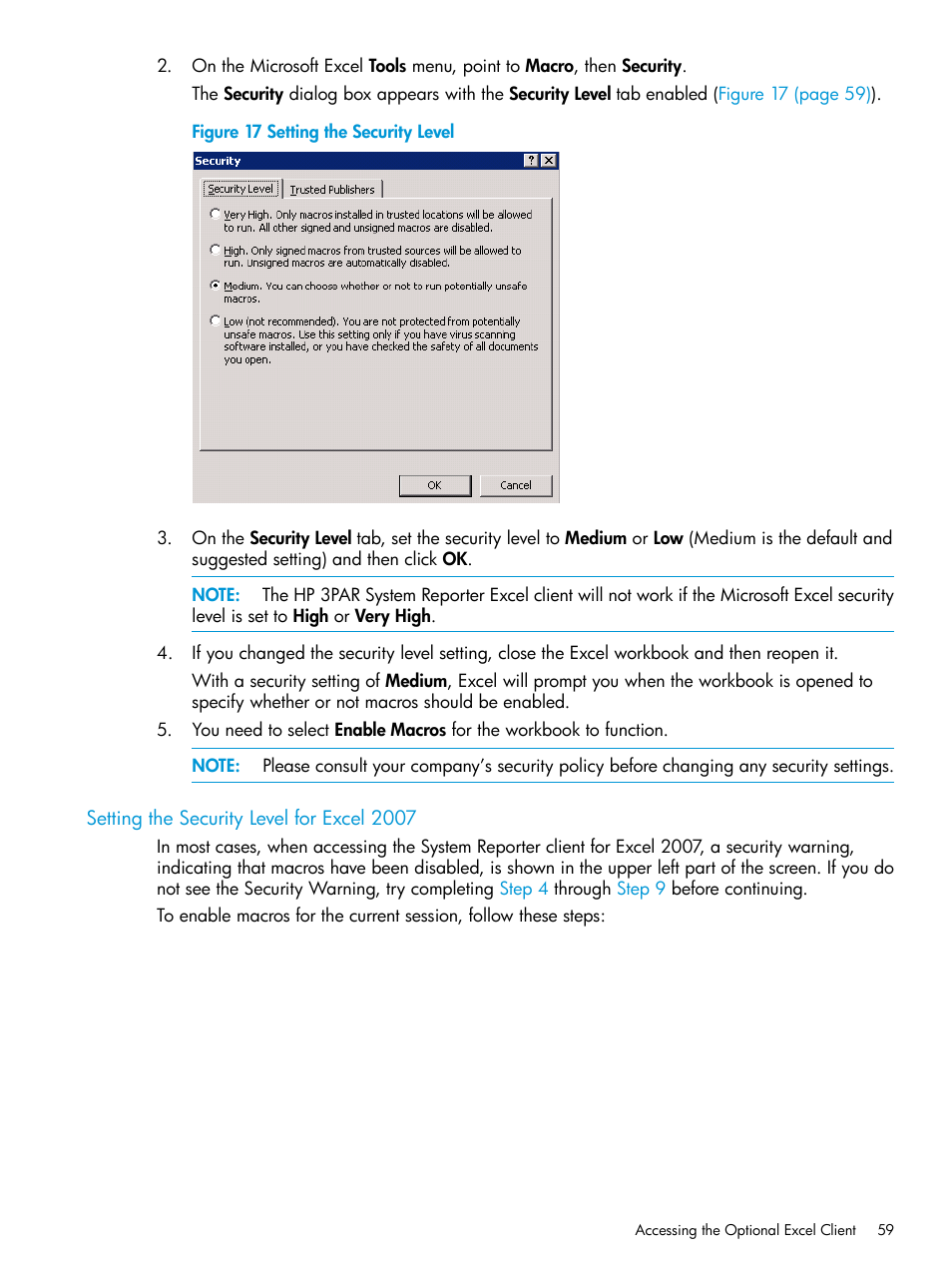 Setting the security level for excel 2007, Step 2, Step 5 | HP 3PAR System Reporter Software User Manual | Page 59 / 239