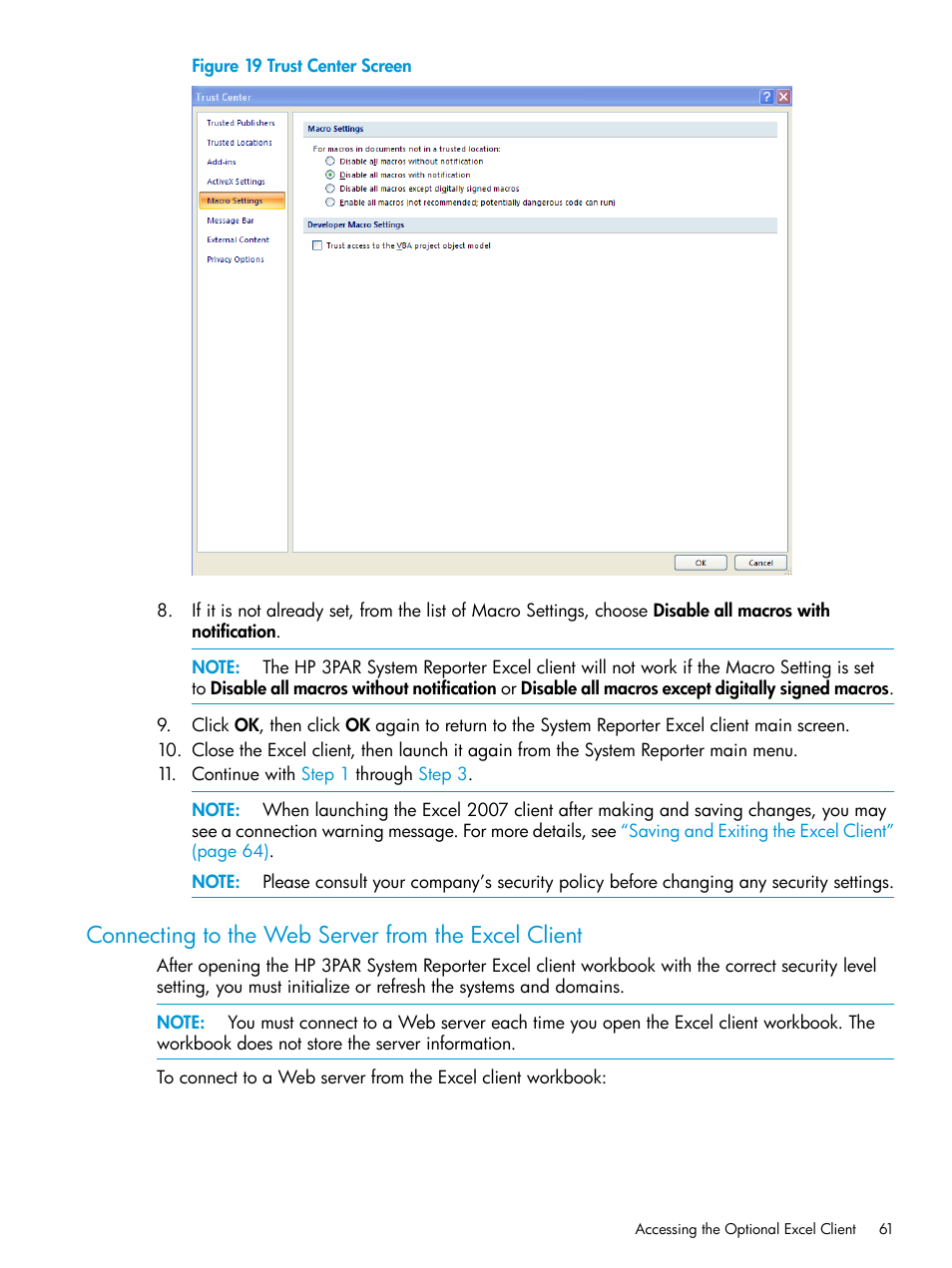 Connecting to the web server from the excel client, Step 9 | HP 3PAR System Reporter Software User Manual | Page 61 / 239