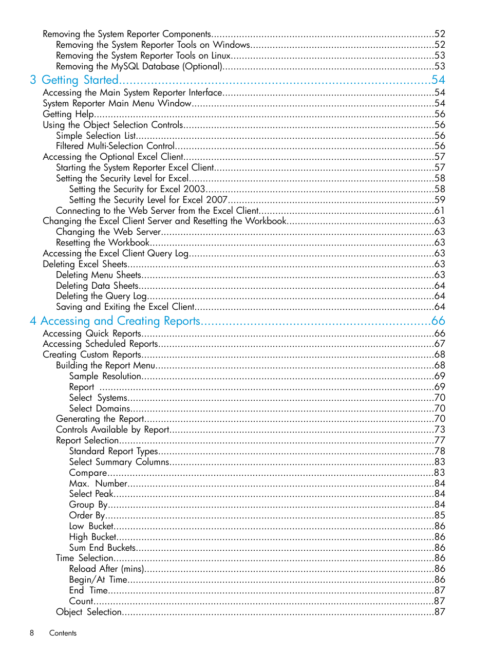 3 getting started, 4 accessing and creating reports | HP 3PAR System Reporter Software User Manual | Page 8 / 239