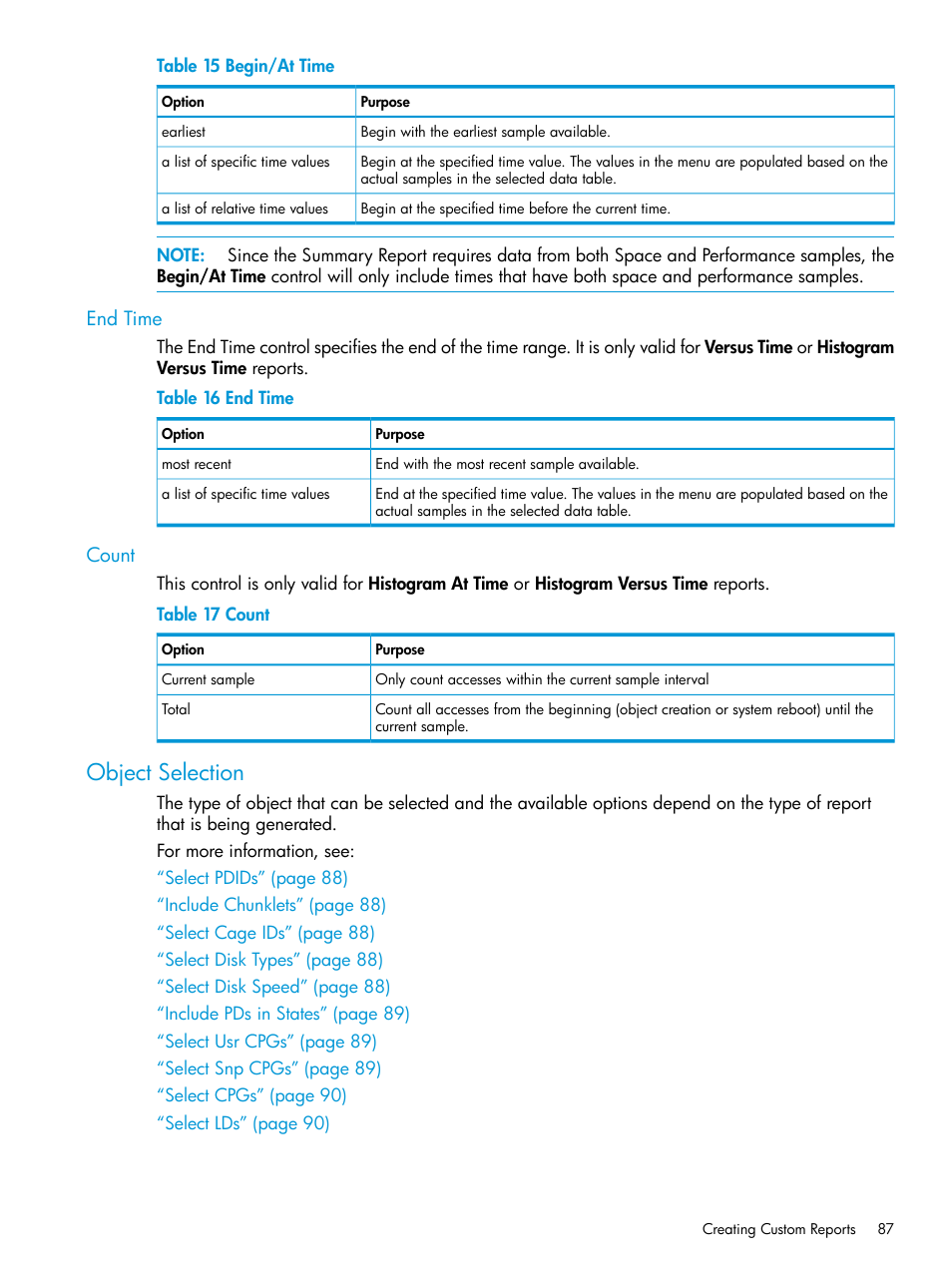 End time, Count, Object selection | End time count, Object | HP 3PAR System Reporter Software User Manual | Page 87 / 239