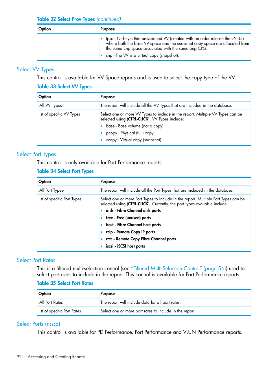 Select vv types, Select port types, Select port rates | Select ports (n:s:p) | HP 3PAR System Reporter Software User Manual | Page 92 / 239