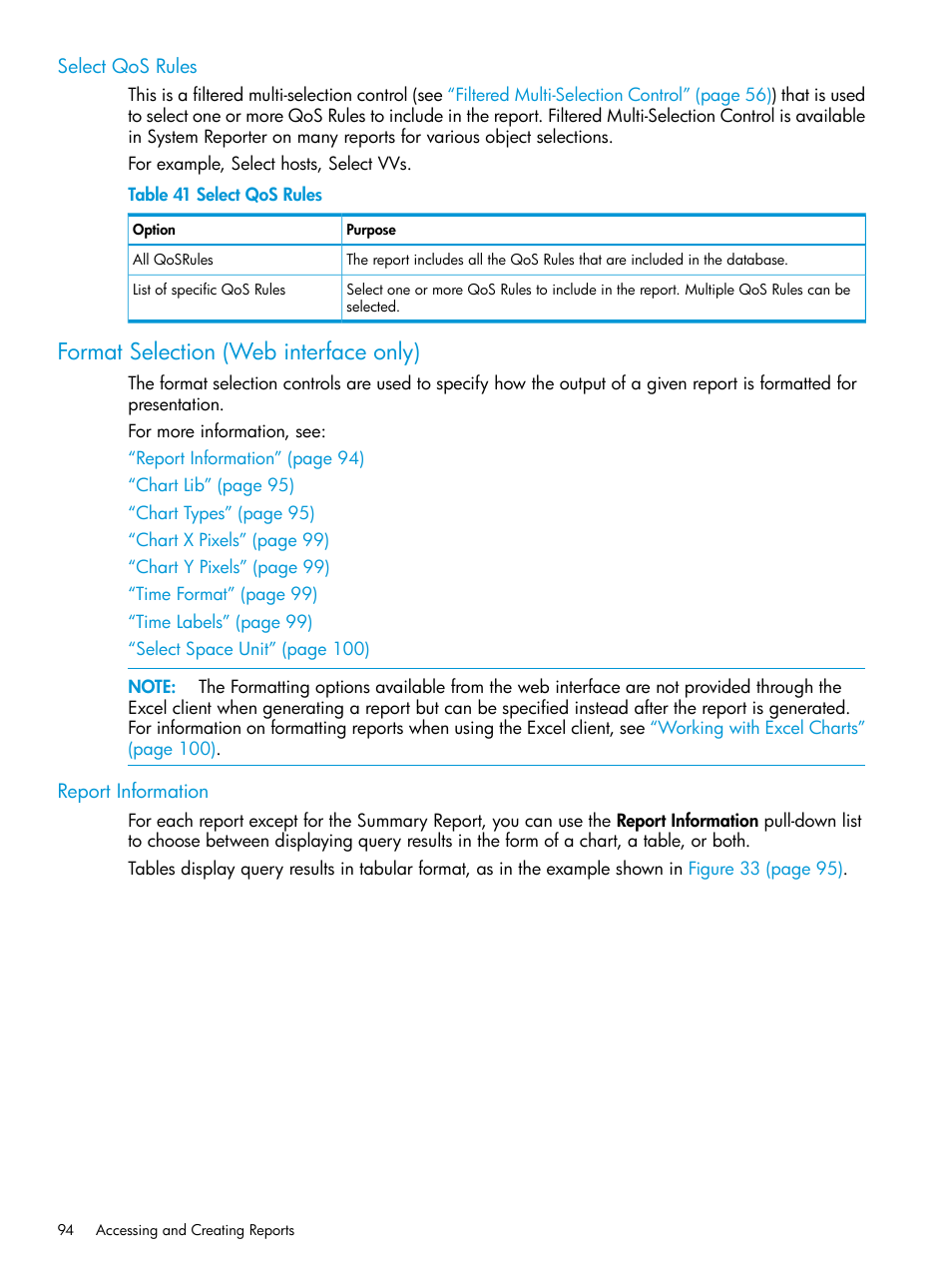 Select qos rules, Format selection (web interface only), Report information | Format selection, Select qos | HP 3PAR System Reporter Software User Manual | Page 94 / 239