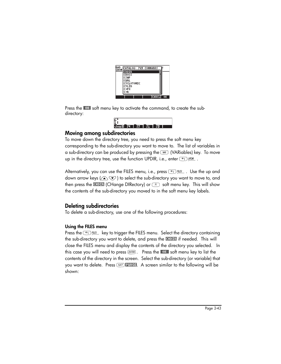 Moving among subdirectories, Deleting subdirectories | HP 50g Graphing Calculator User Manual | Page 103 / 887