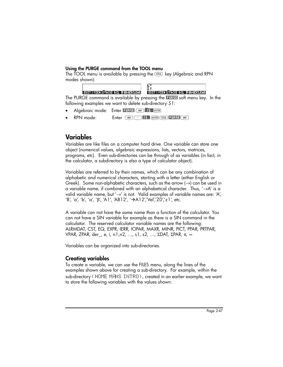 Variables, Creating variables, Variables ,2-47 | Creating variables ,2-47 | HP 50g Graphing Calculator User Manual | Page 107 / 887