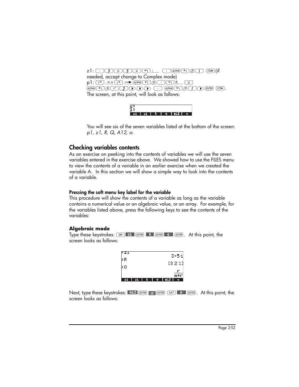 Checking variables contents, Checking variables contents ,2-52 | HP 50g Graphing Calculator User Manual | Page 112 / 887