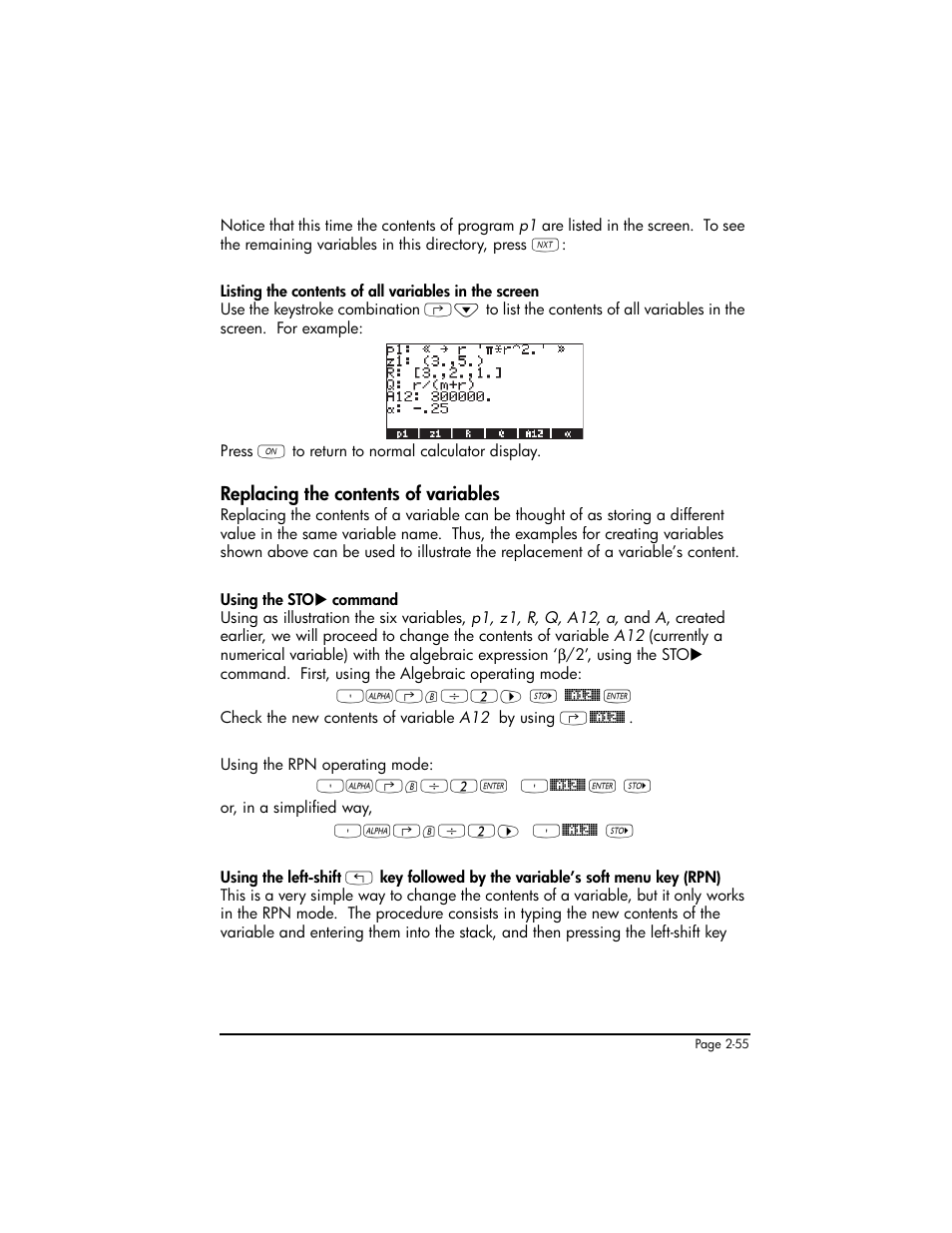 Replacing the contents of variables, Replacing the contents of variables ,2-55 | HP 50g Graphing Calculator User Manual | Page 115 / 887