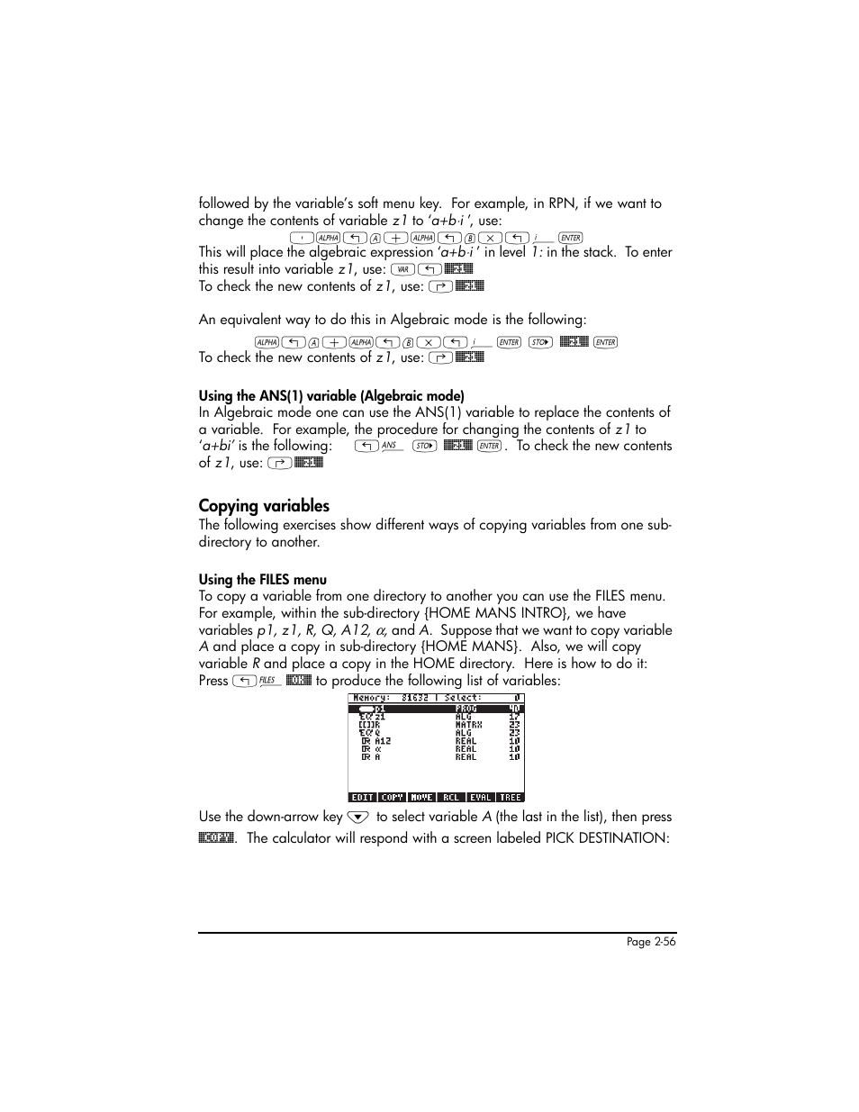 Copying variables, Copying variables ,2-56 | HP 50g Graphing Calculator User Manual | Page 116 / 887