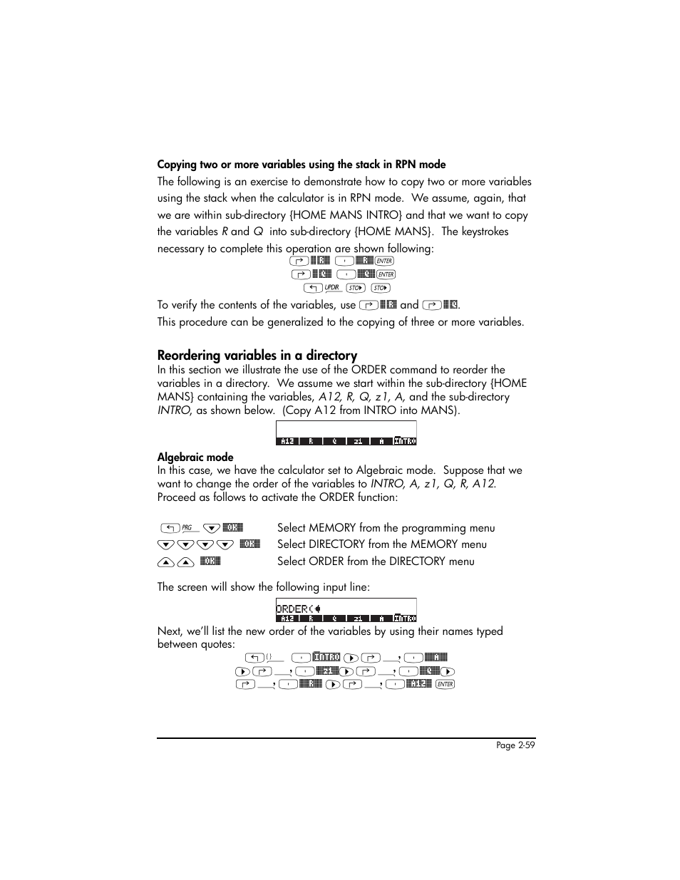 Reordering variables in a directory, Reordering variables in a directory ,2-59 | HP 50g Graphing Calculator User Manual | Page 119 / 887