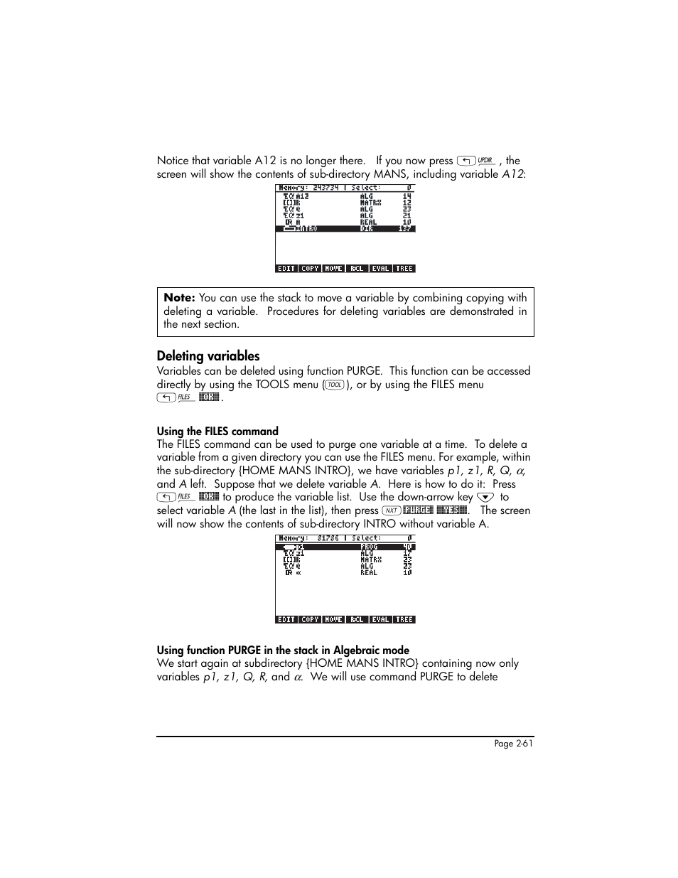 Deleting variables, Deleting variables ,2-61 | HP 50g Graphing Calculator User Manual | Page 121 / 887