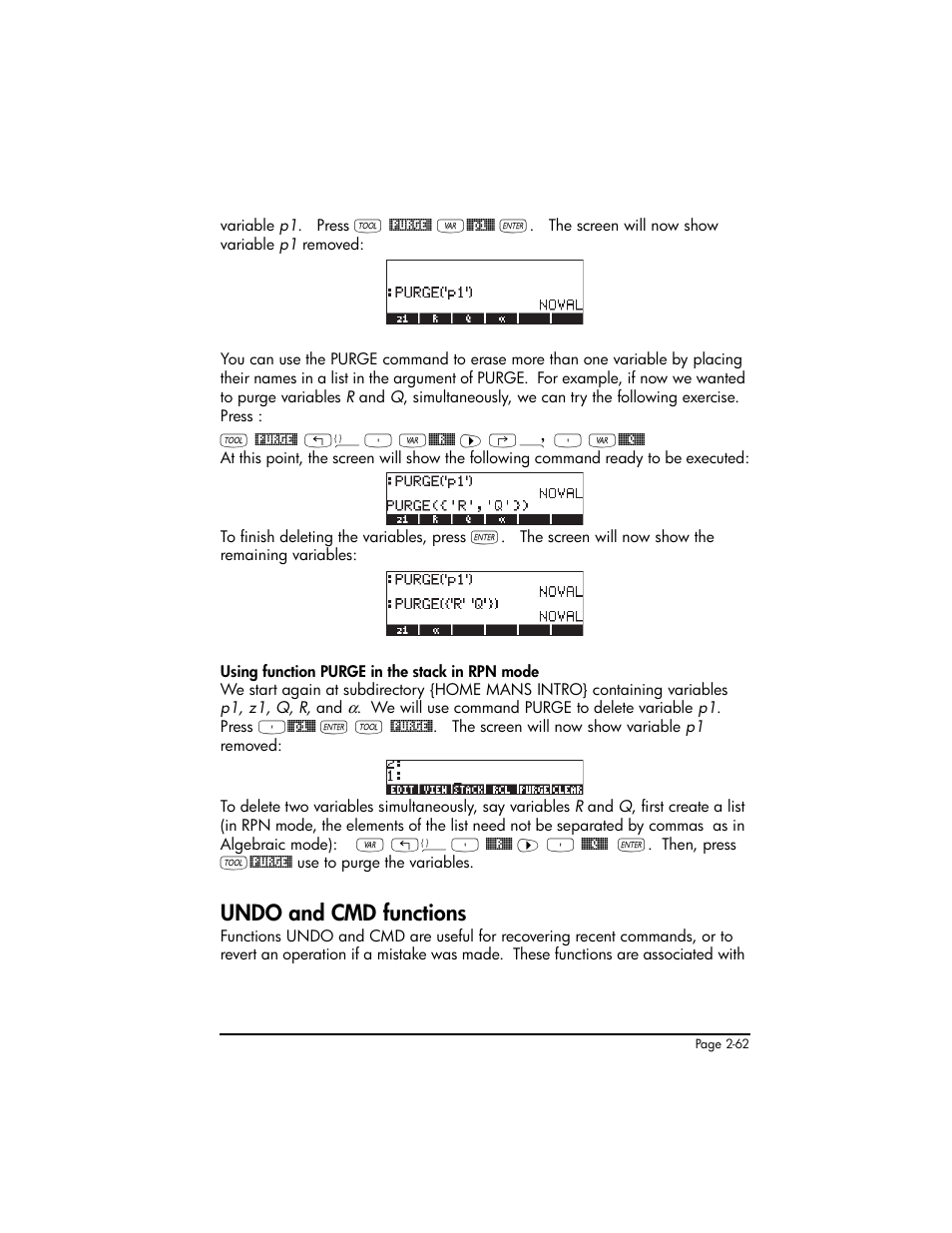 Undo and cmd functions, Undo and cmd functions ,2-62 | HP 50g Graphing Calculator User Manual | Page 122 / 887