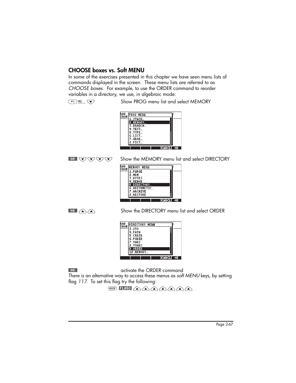 Choose boxes vs. soft menu, Choose boxes vs. soft menu ,2-67 | HP 50g Graphing Calculator User Manual | Page 127 / 887