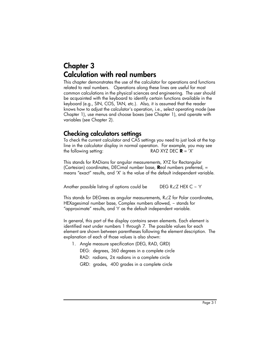 Chapter 3 calculation with real numbers, Checking calculators settings, Chapter 3 - calculation with real numbers ,3-1 | Checking calculators settings ,3-1 | HP 50g Graphing Calculator User Manual | Page 131 / 887