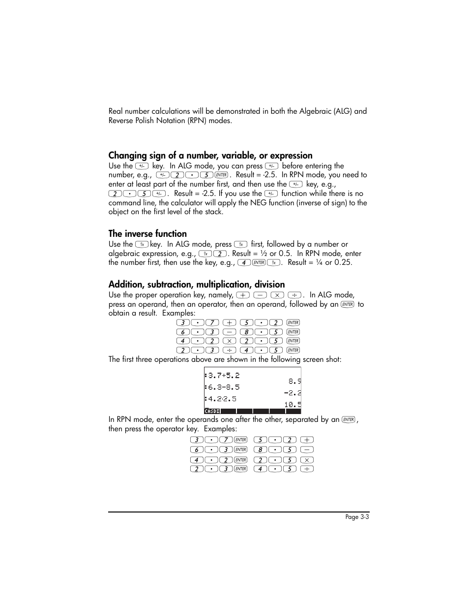 Changing sign of a number, variable, or expression, The inverse function, Addition, subtraction, multiplication, division | HP 50g Graphing Calculator User Manual | Page 133 / 887