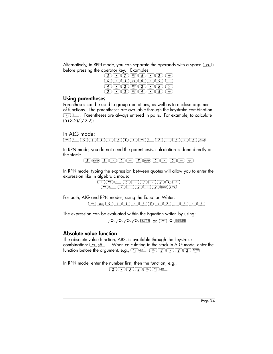 Using parentheses, Absolute value function | HP 50g Graphing Calculator User Manual | Page 134 / 887