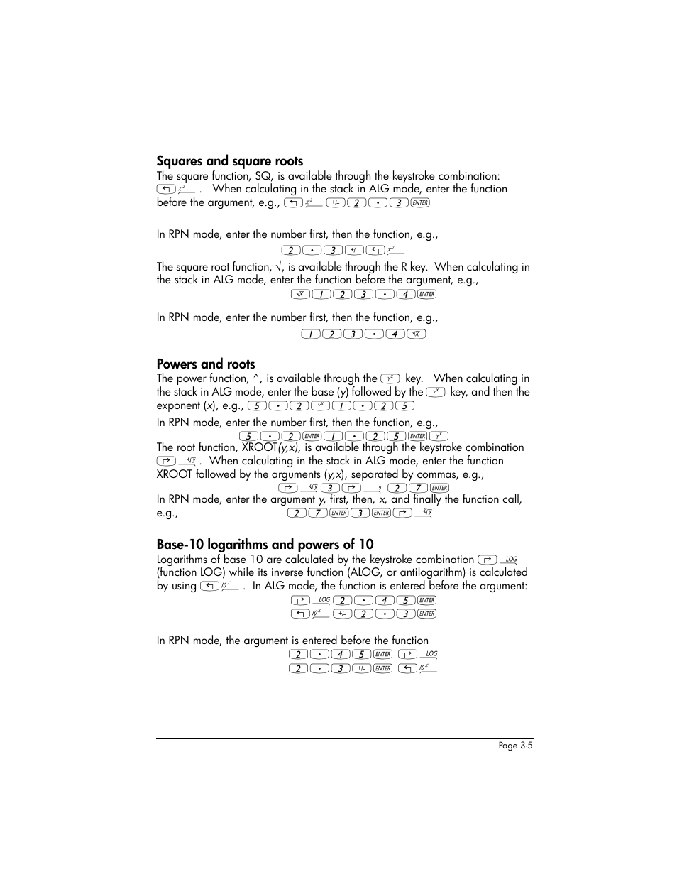 Squares and square roots, Powers and roots, Base-10 logarithms and powers of 10 | HP 50g Graphing Calculator User Manual | Page 135 / 887