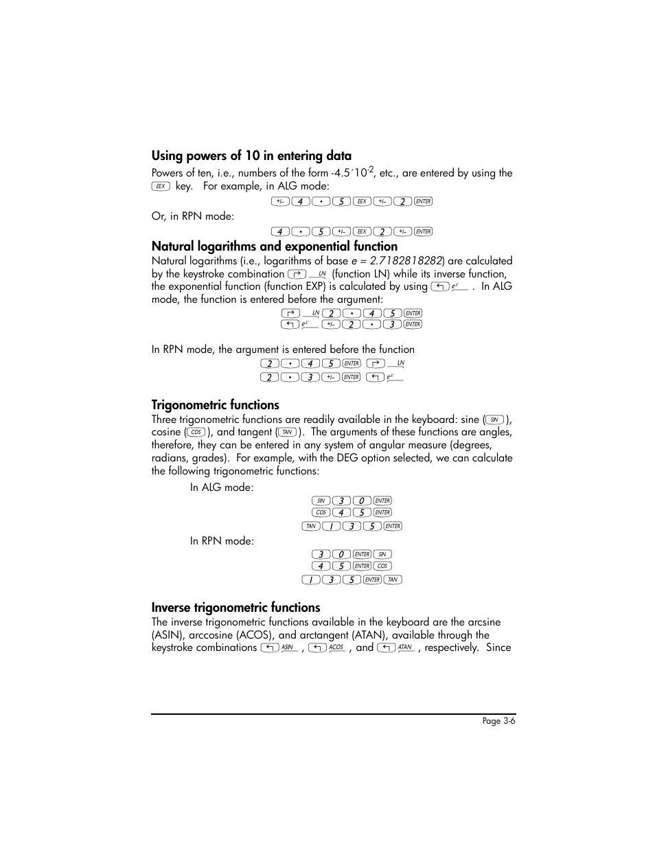 Using powers of 10 in entering data, Natural logarithms and exponential function, Trigonometric functions | Inverse trigonometric functions | HP 50g Graphing Calculator User Manual | Page 136 / 887